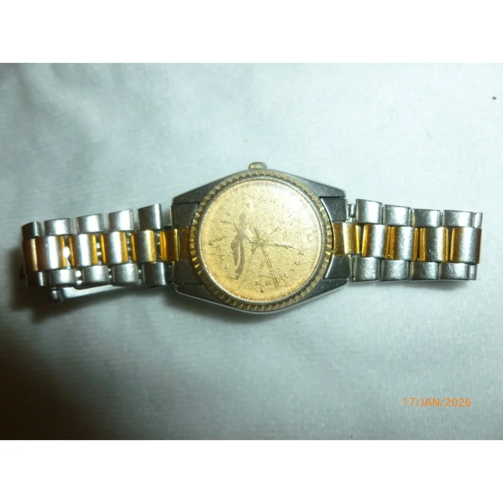 Vintage Sharlee President Two Tone Watch Gold Coin Eagle Dial Fluted Bezel